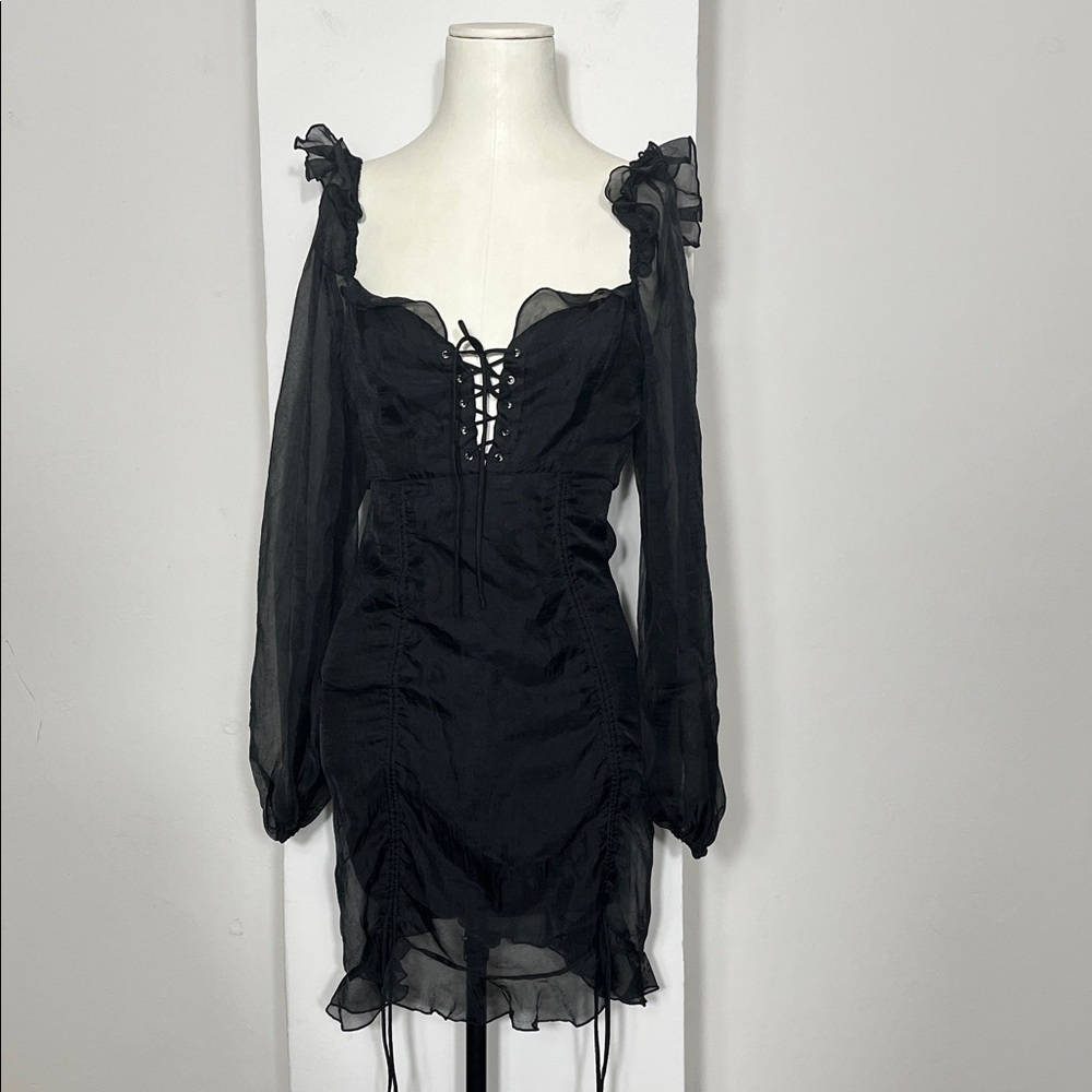 Fashion Nova Black Lace-Up Long Sleeve Dress